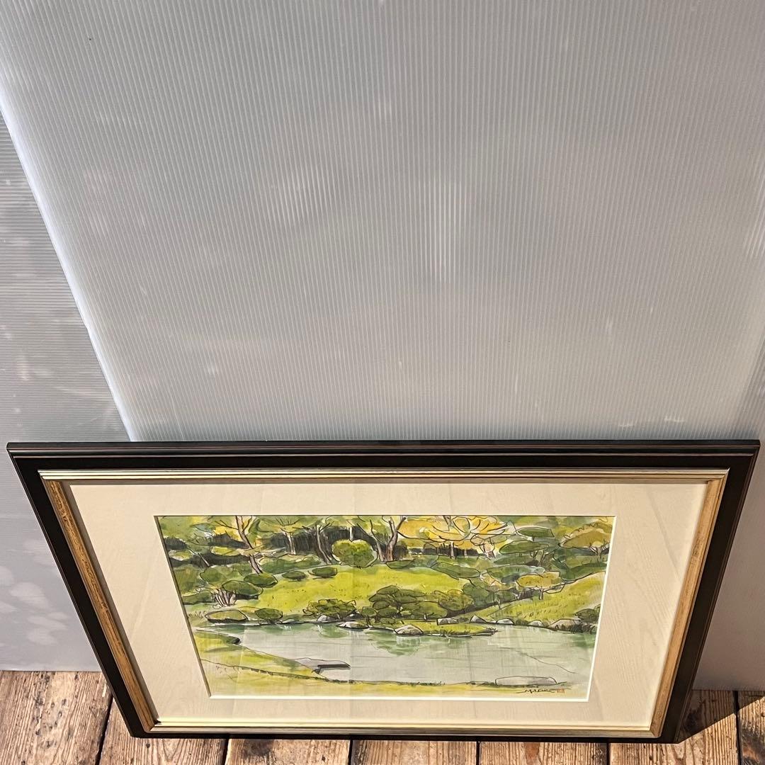 透明水彩画　日本庭園　MARUO 額縁入り　緑　園庭　インテリア　希少