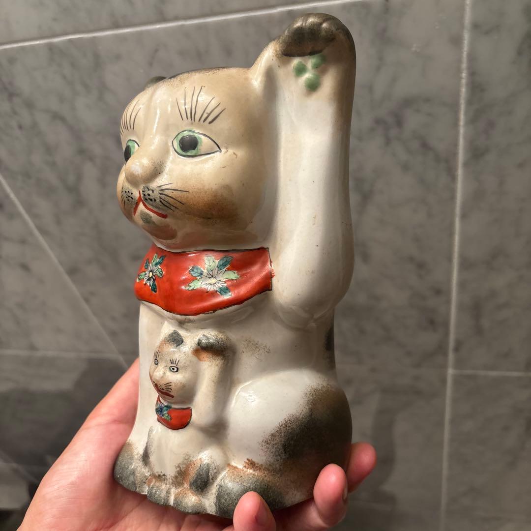 アンティーク伊万里　インパクトのあるお顔が忘れられなき親子の招き猫