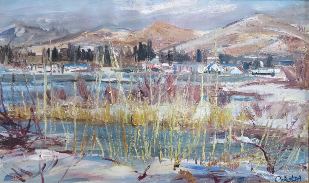 ◆岡田又三郎　「雪の湖畔（山中湖）」　油彩　M10号　日展理事　日本芸術院賞◆