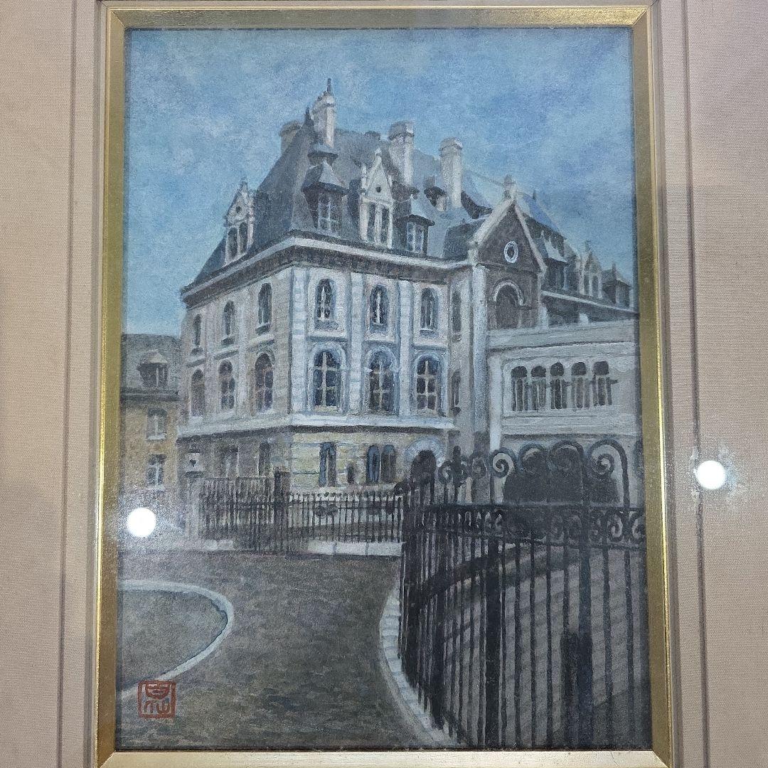 建物の油彩画 金色の額縁付き