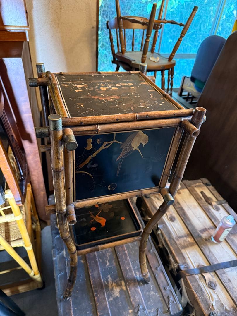 明治期 竹細工 蒔絵風パネル付 手焙り箱 花台 飾り棚