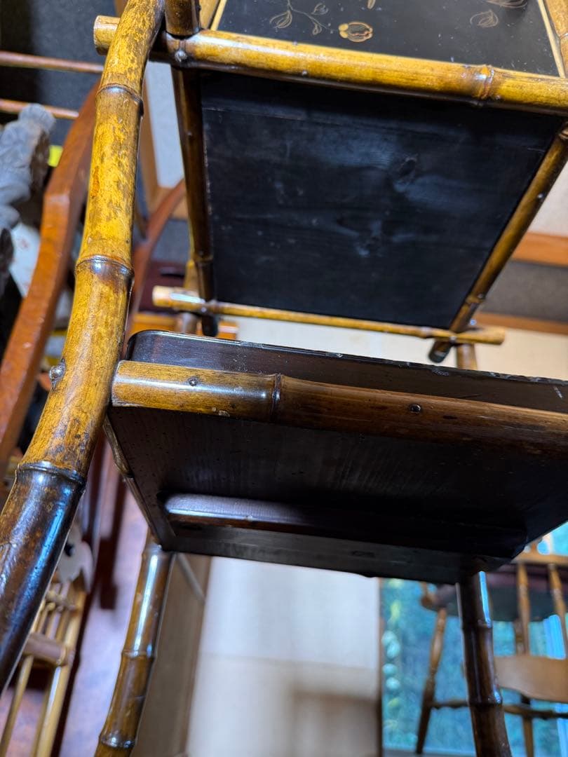 明治期 竹細工 蒔絵風パネル付 手焙り箱 花台 飾り棚