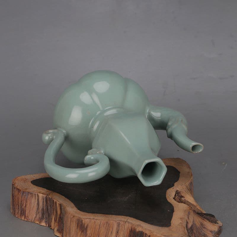 未使用品 宋汝窯青釉竜紋六方瓜稜瓢簞紋長柄執壺套組 工芸品 美術品 置物