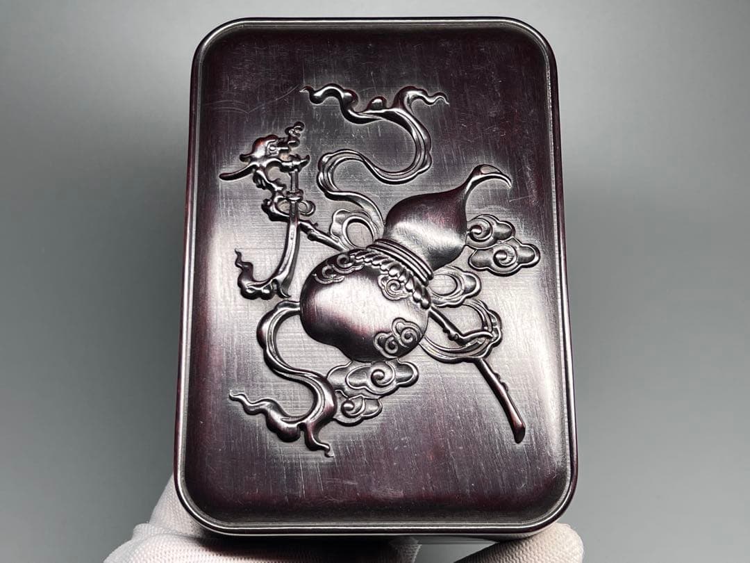 木製　小物入れ　紫檀　硯箱　瓢箪　浮き彫り　極細工　文房具　中国美術　香合　美品