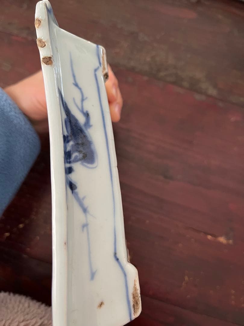 希少無傷　中国美術　明　天啓古染付　牛車に翁　紗綾紋　隅切角皿　古伊万里　清朝期