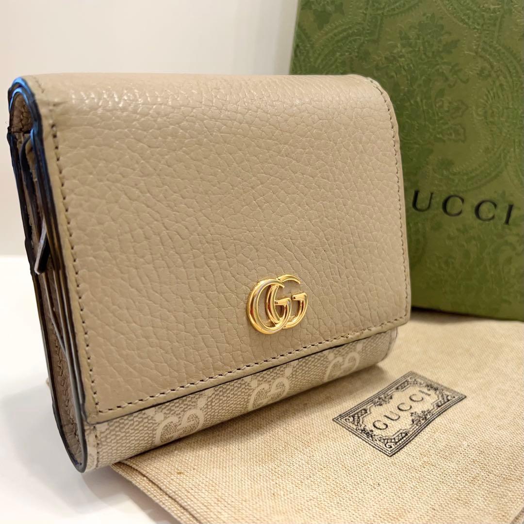グッチ 折り財布 マーモント GG柄 スプリーム レザー ゴールド金具 ベージュ