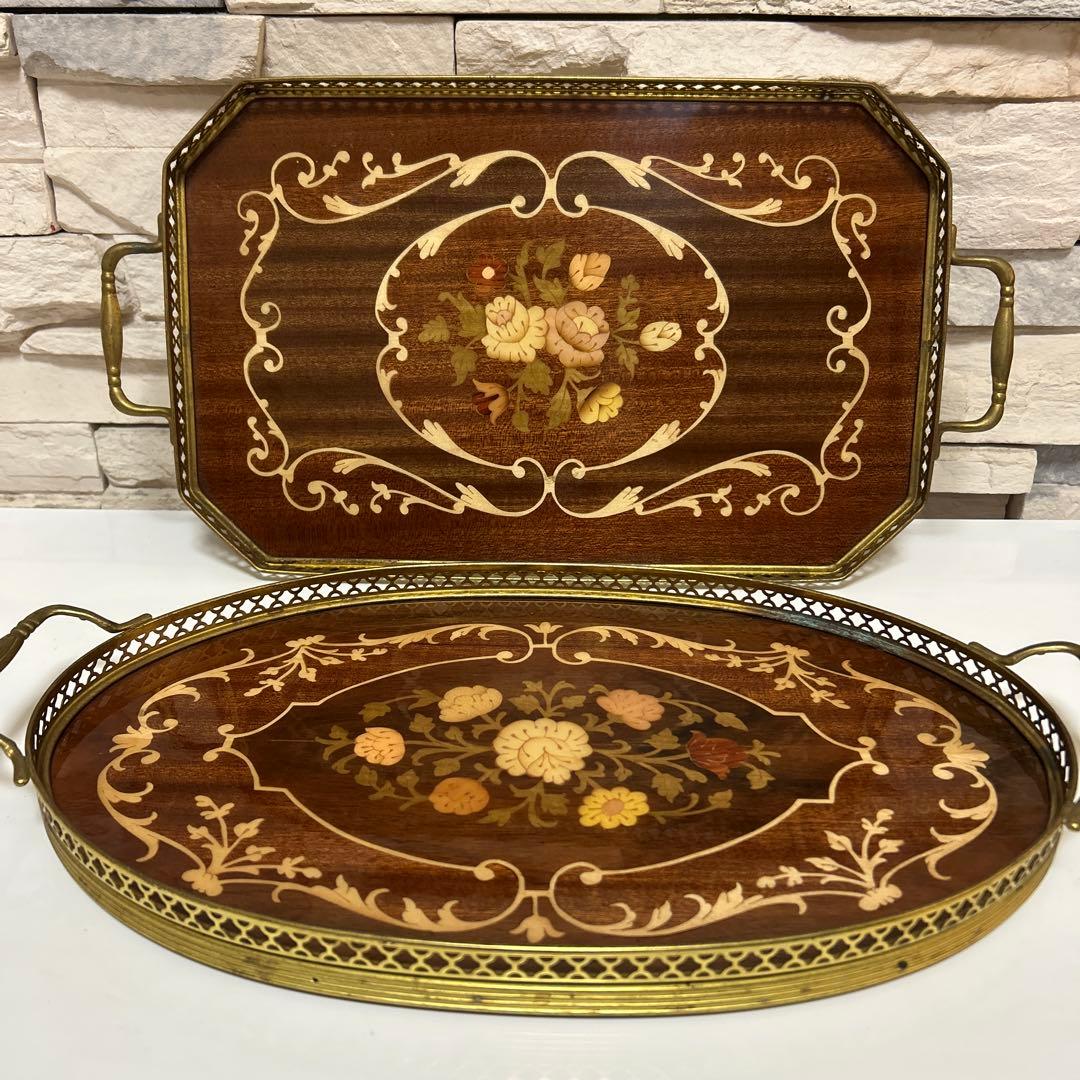 イタリア製 Demain 象嵌トレー２枚　象嵌花柄　木製 ゴールド手付