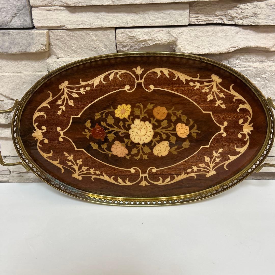 イタリア製 Demain 象嵌トレー２枚　象嵌花柄　木製 ゴールド手付