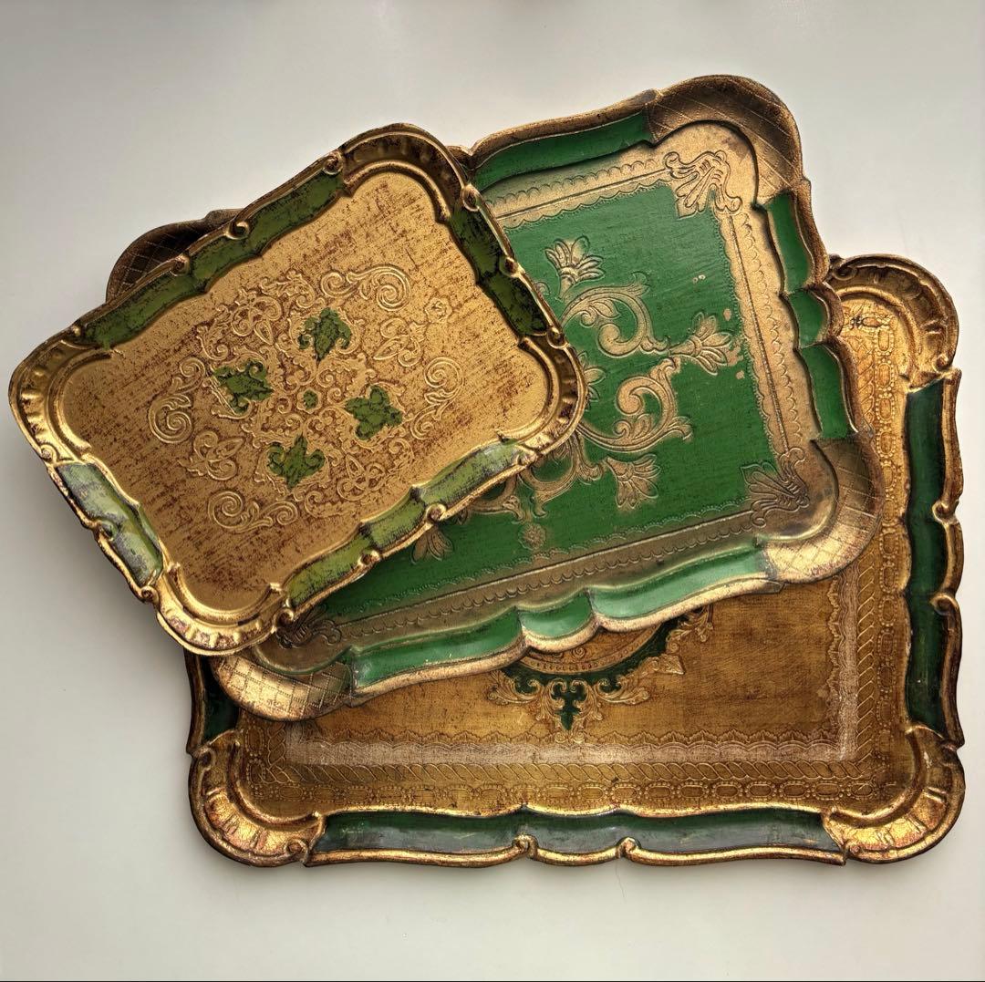 【イタリア】ヴィンテージ 木製 トレイ フロレンタイン 金色 深緑 大きめ