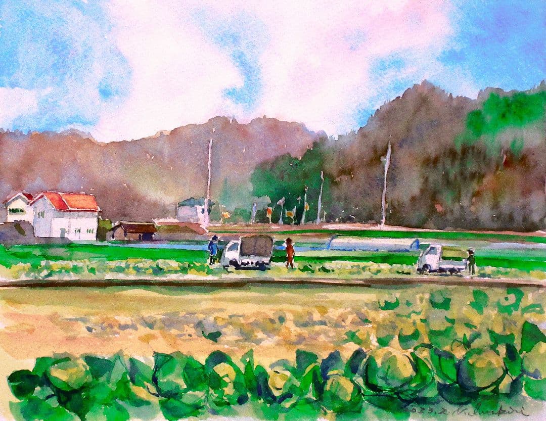 農村風景 水彩画 額装済み F6サイズ 原画