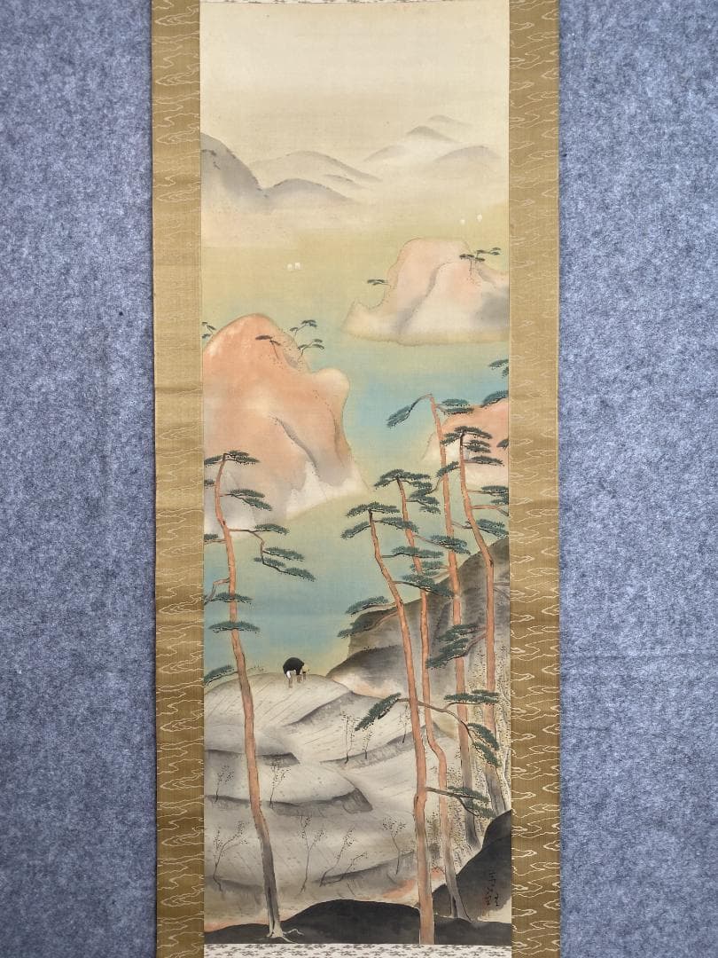 筆谷等観『遅日』春日山水図 共箱 北海道 明治大正 中央画壇 横山大観師事 掛軸