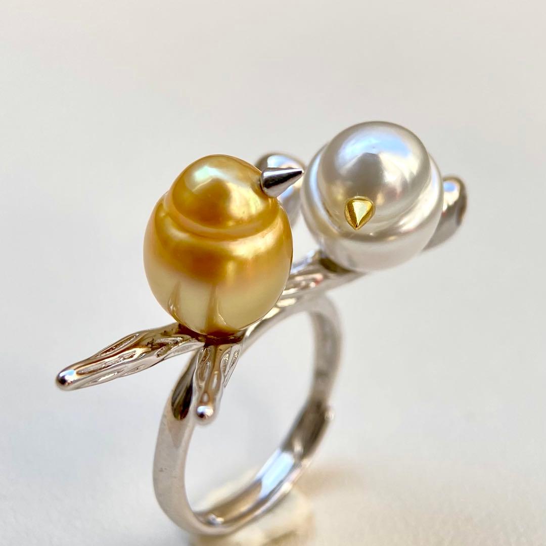 本真珠南洋白蝶真珠　茶金とホワイト「鳥と枝」s925リングY1027