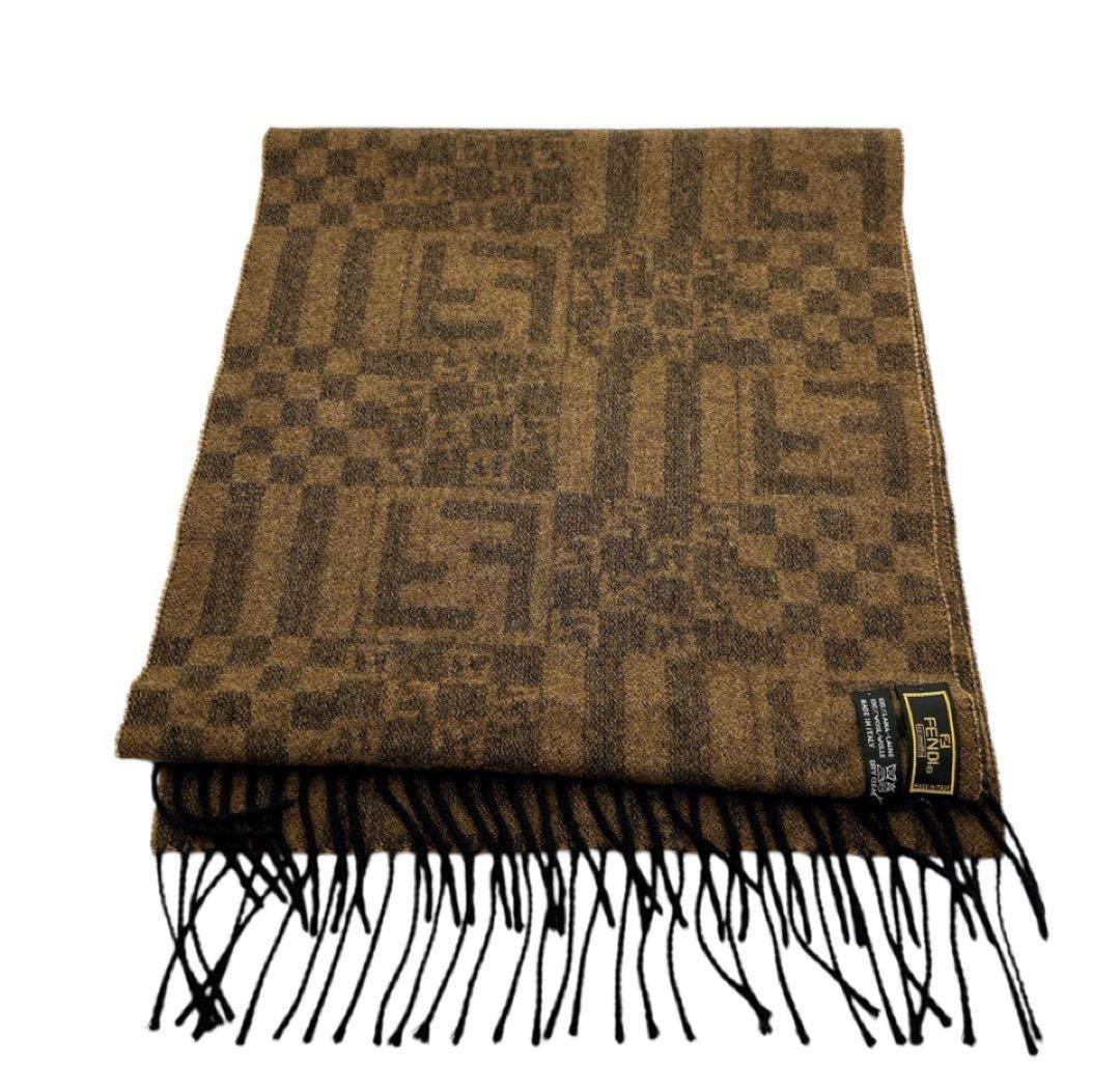 FENDI フェンディ ズッカ柄 ウールマフラー ブラウン チェック フリンジ