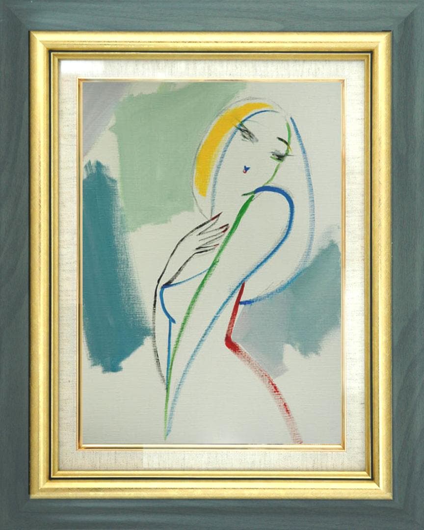 油絵 菅家令子 絵 絵画インテリア額付(青緑＋金色の枠) F6-082611女性