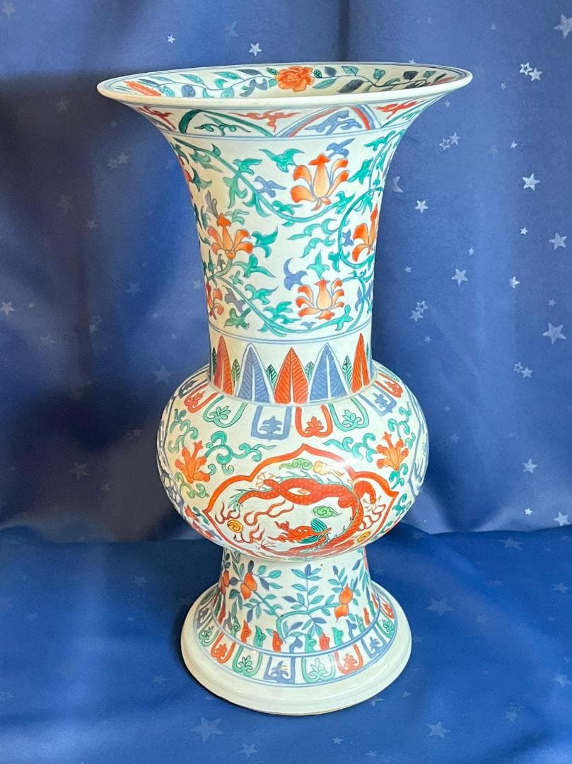 中国古玩 大明萬暦年製 彩色雲龍紋花瓶 花器 花生 高さ約42.3cm 時代物