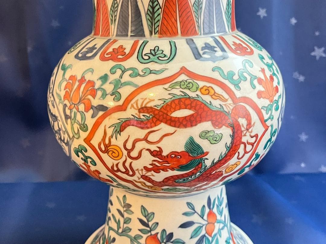 中国古玩 大明萬暦年製 彩色雲龍紋花瓶 花器 花生 高さ約42.3cm 時代物