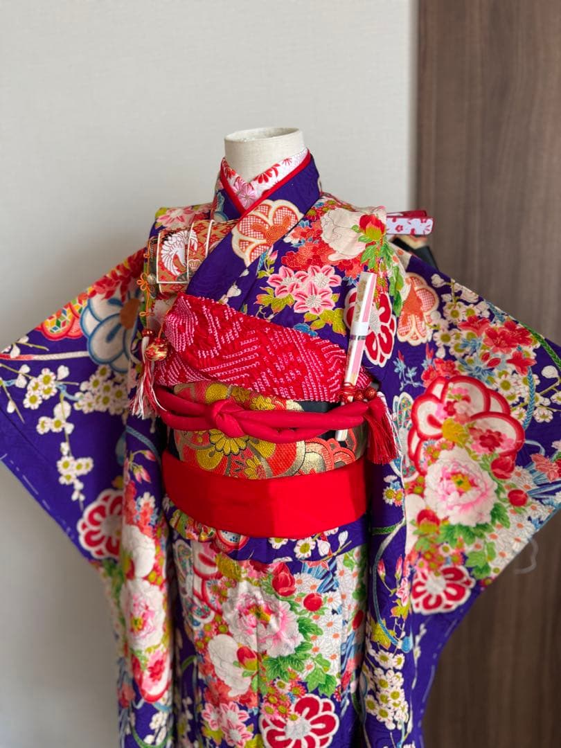 七五三に★正絹青紫色に八重梅　四季花々　五歳、七歳の着物セット