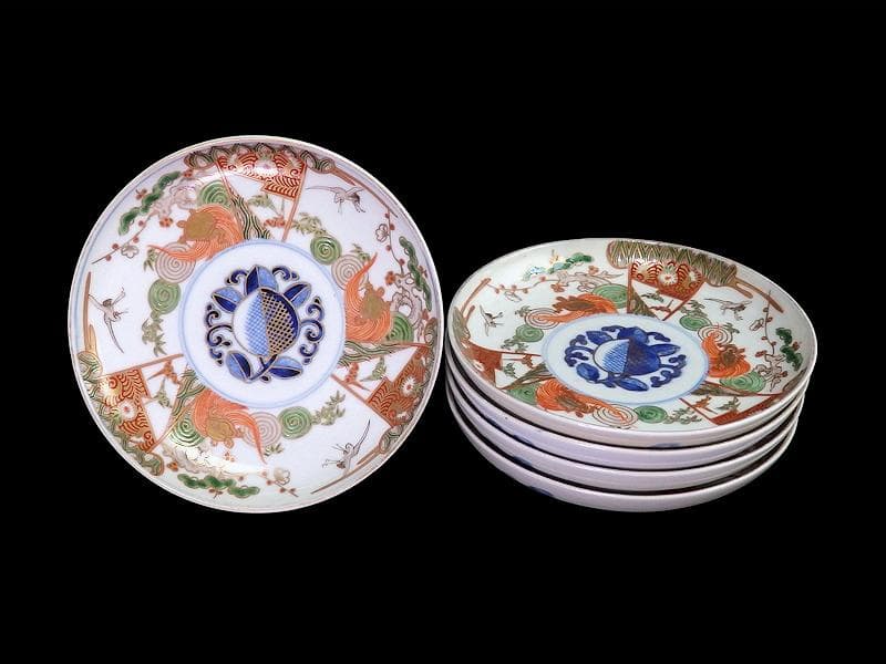 古伊万里　金襴手　松竹梅に鶴亀の図　５寸半皿　５枚　A915AS-CXd