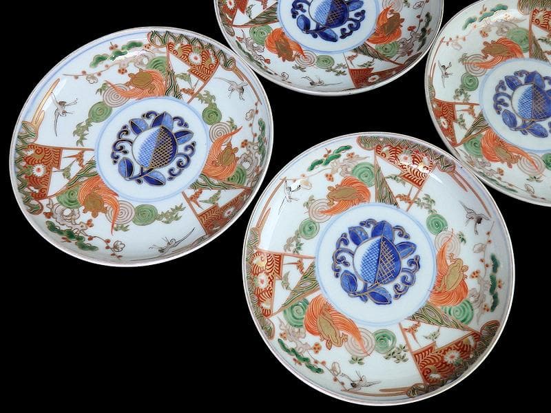 古伊万里　金襴手　松竹梅に鶴亀の図　５寸半皿　５枚　A915AS-CXd