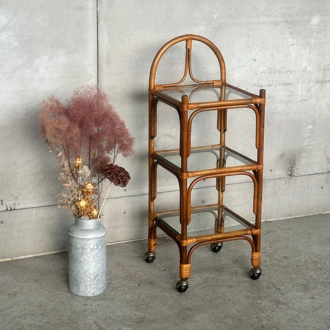 ꧁70s-80's ꧂オールドラタン シェルフ ガラスラック ミッドセンチュリー