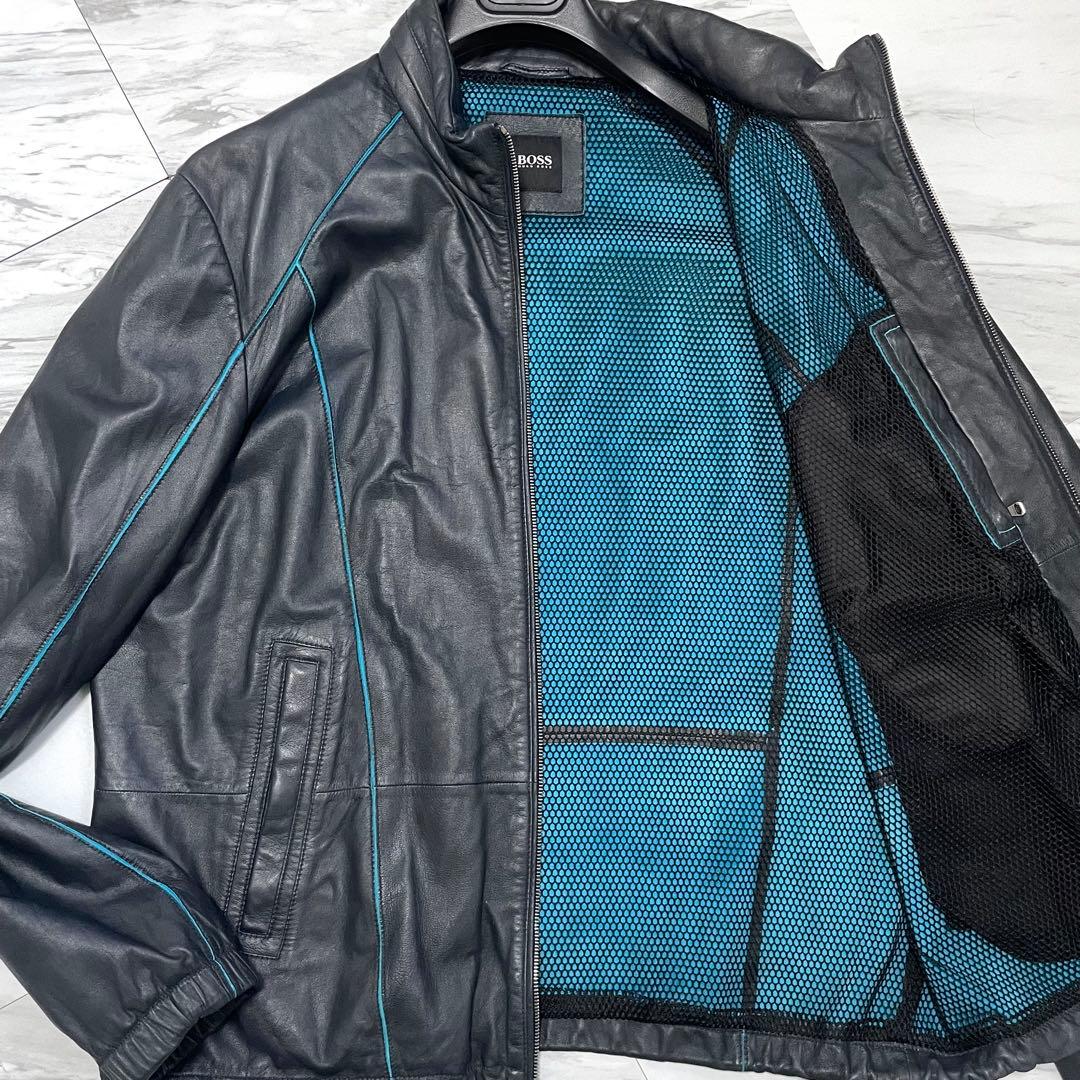 希少2XL 極上ラムレザー⭐️ヒューゴボス レザージャケット 裏地ブルー 濃紺