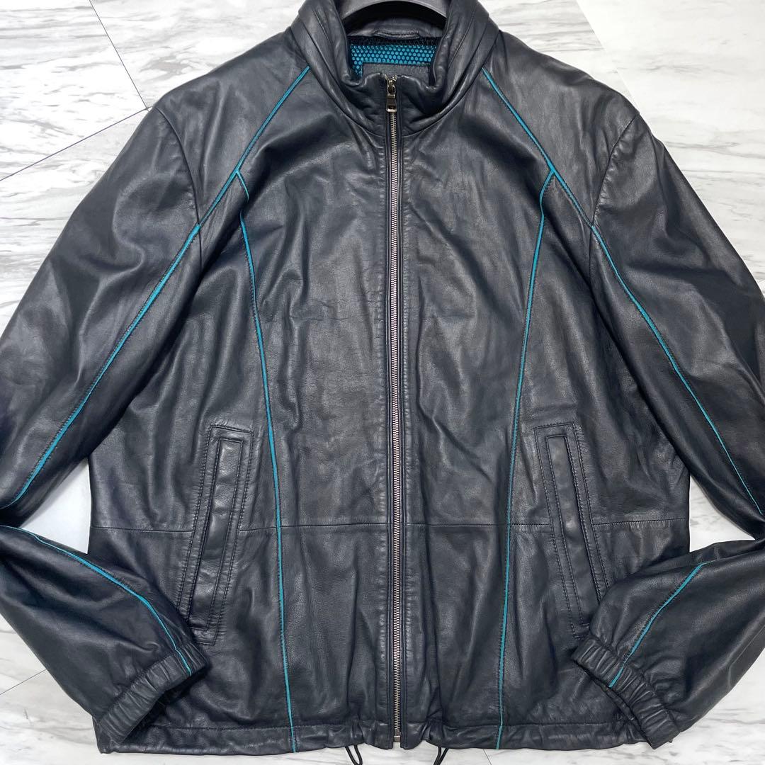 希少2XL 極上ラムレザー⭐️ヒューゴボス レザージャケット 裏地ブルー 濃紺