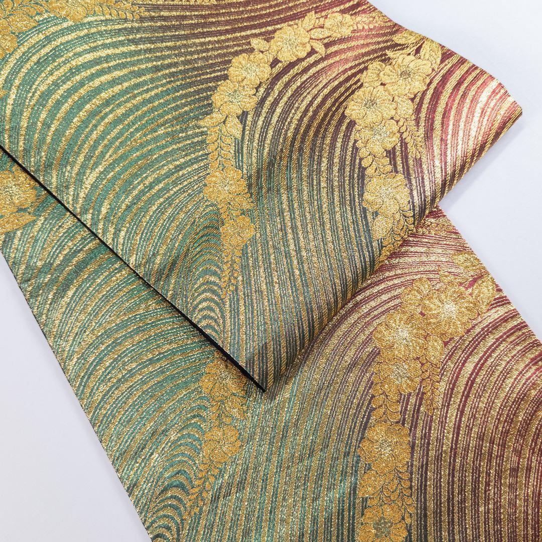 R7SK1473 袋帯 振袖用 礼装用 波 草花 全通柄 ゴールド シルバー