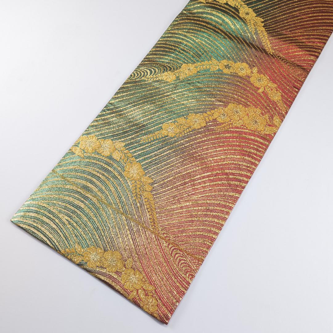 R7SK1473 袋帯 振袖用 礼装用 波 草花 全通柄 ゴールド シルバー