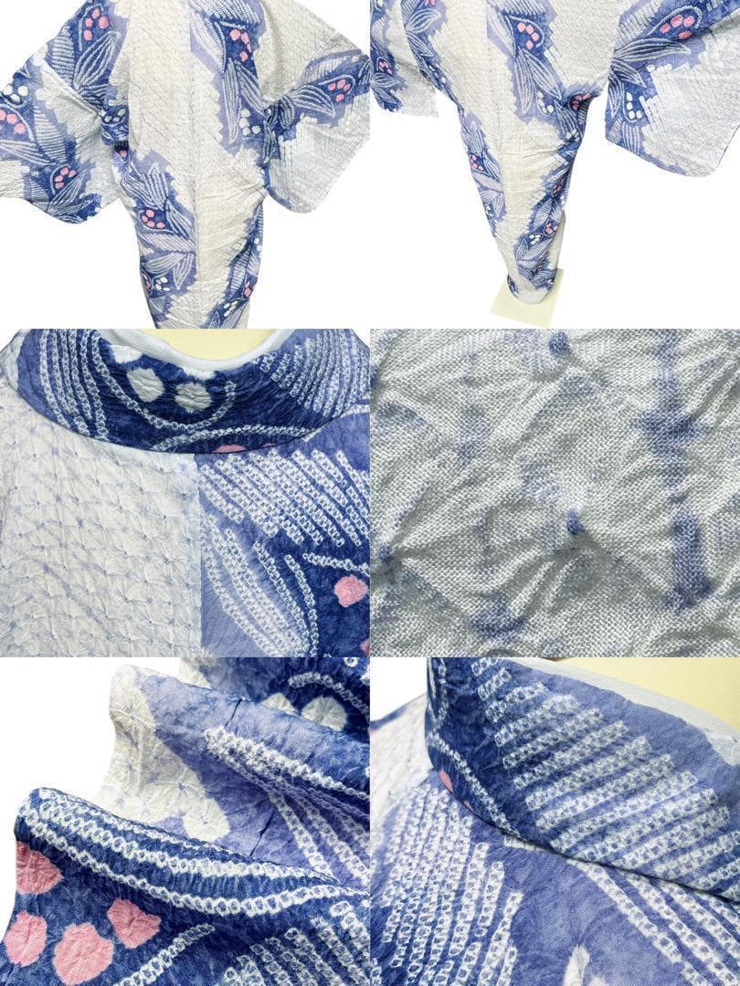 A57美品　有松鳴海絞り 高級浴衣 花 綿　敷当付き　手縫い