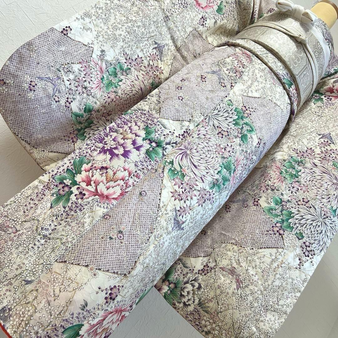 475 振袖フルセット 正絹 オフホワイト 薄紫 金彩 手描き 比翼仕立て 上品