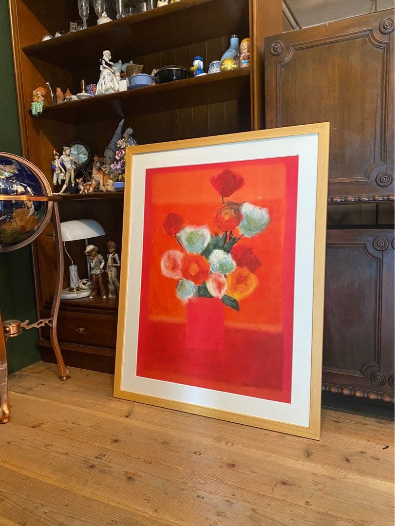 シルビア 花 薔薇 花瓶 バンケット オレンジ背景 額縁 アート