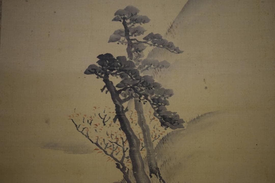 真作/松村呉春/松櫻小径/松桜/山水図/絹表装/布袋屋掛軸HI-313