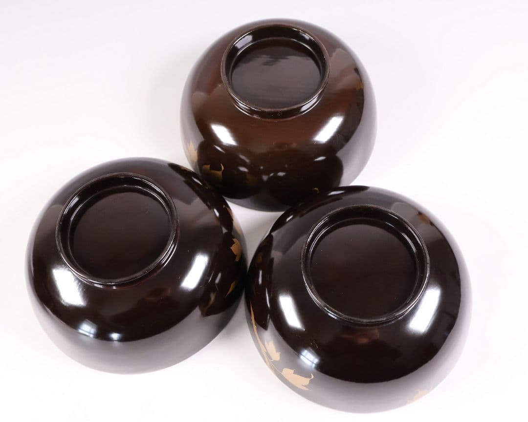 【CM415】訳あり 時代輪島 蝶と牡丹 黒塗椀 三客 天然木漆塗 明治大正