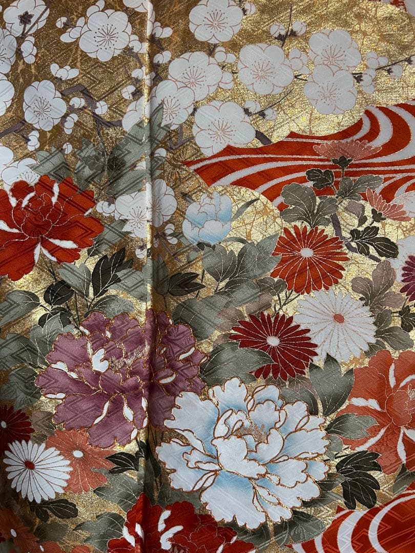 振袖 オレンジ 波模様 花柄　金