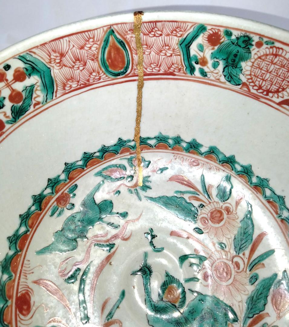 陶器 大深鉢 赤絵 福・壽・禄 Ab-168