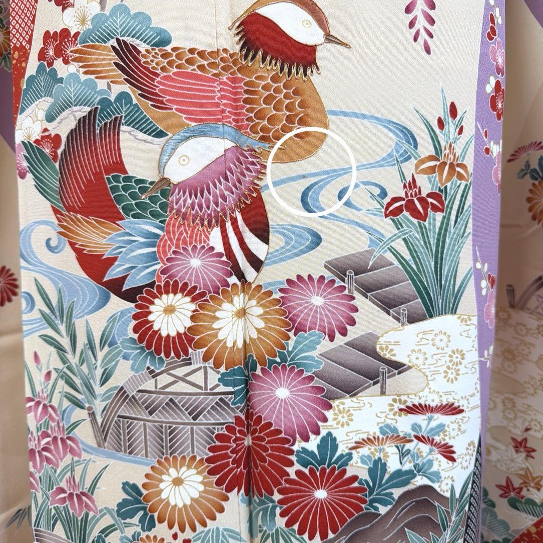 499 振袖フルセット 正絹 紫 赤 ベージュ 黒 金彩 駒刺繍 レトロ 鴛鴦