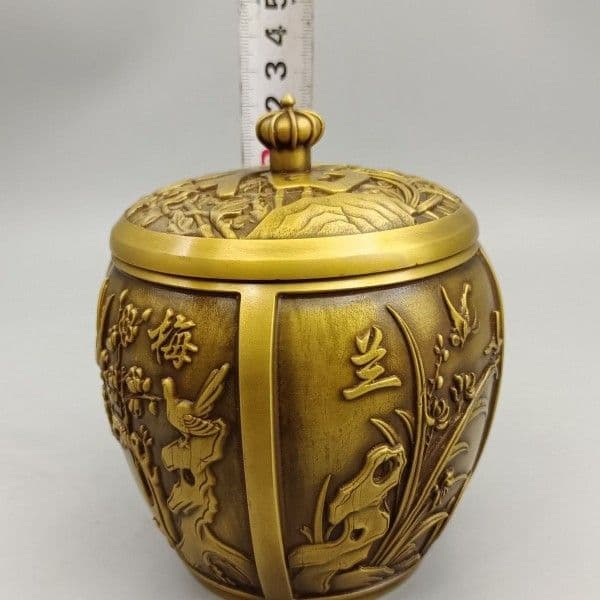 銅製 梅蘭竹菊銅缶 茶壺 茶道具 香道具 博古架 装飾品 工芸品 置物