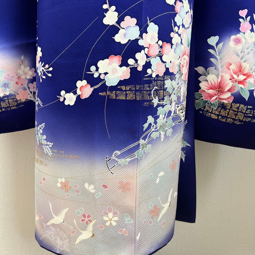 456 振袖フルセット 正絹 紺 青 ブルー ピンク 桃 金彩 暈し染め 華やか