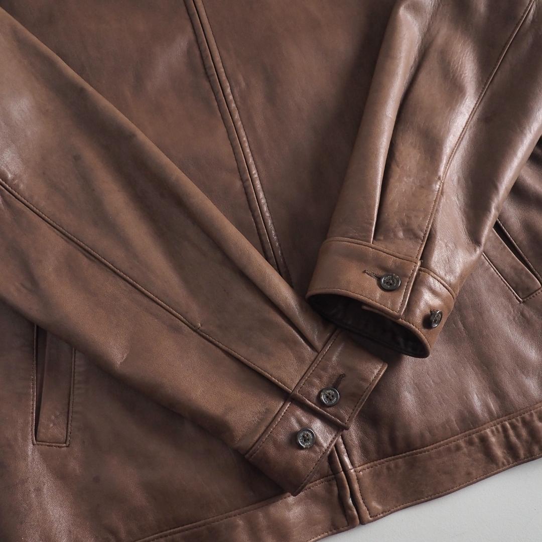 ラルフローレン　羊皮　レザージャケット　ブラウン　裏地チェック