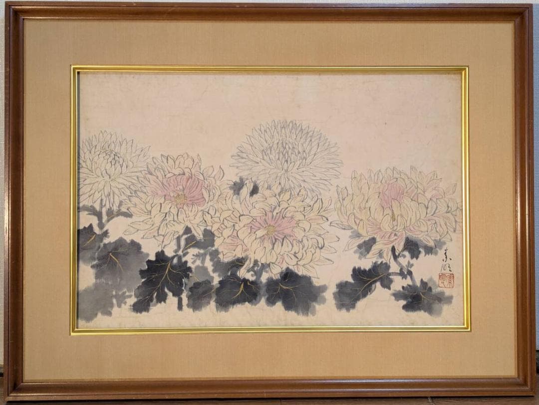 【真作】絵画　結城素明　日本画12号　秋麗の菊図　優雅な筆致と淡彩美　Y24