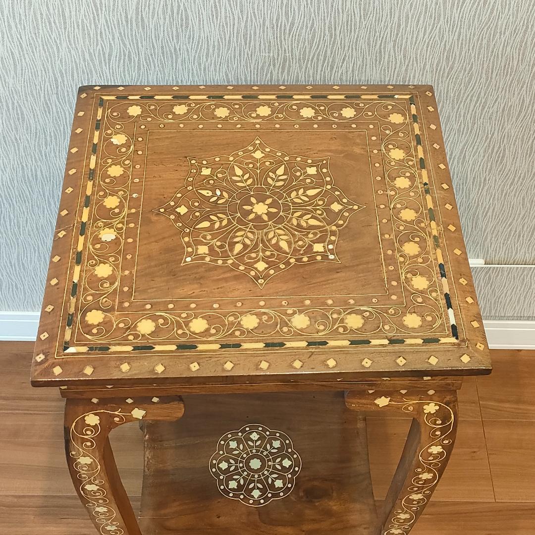 アンティーク　花台　象嵌　サイドテーブル　猫脚　棚付き