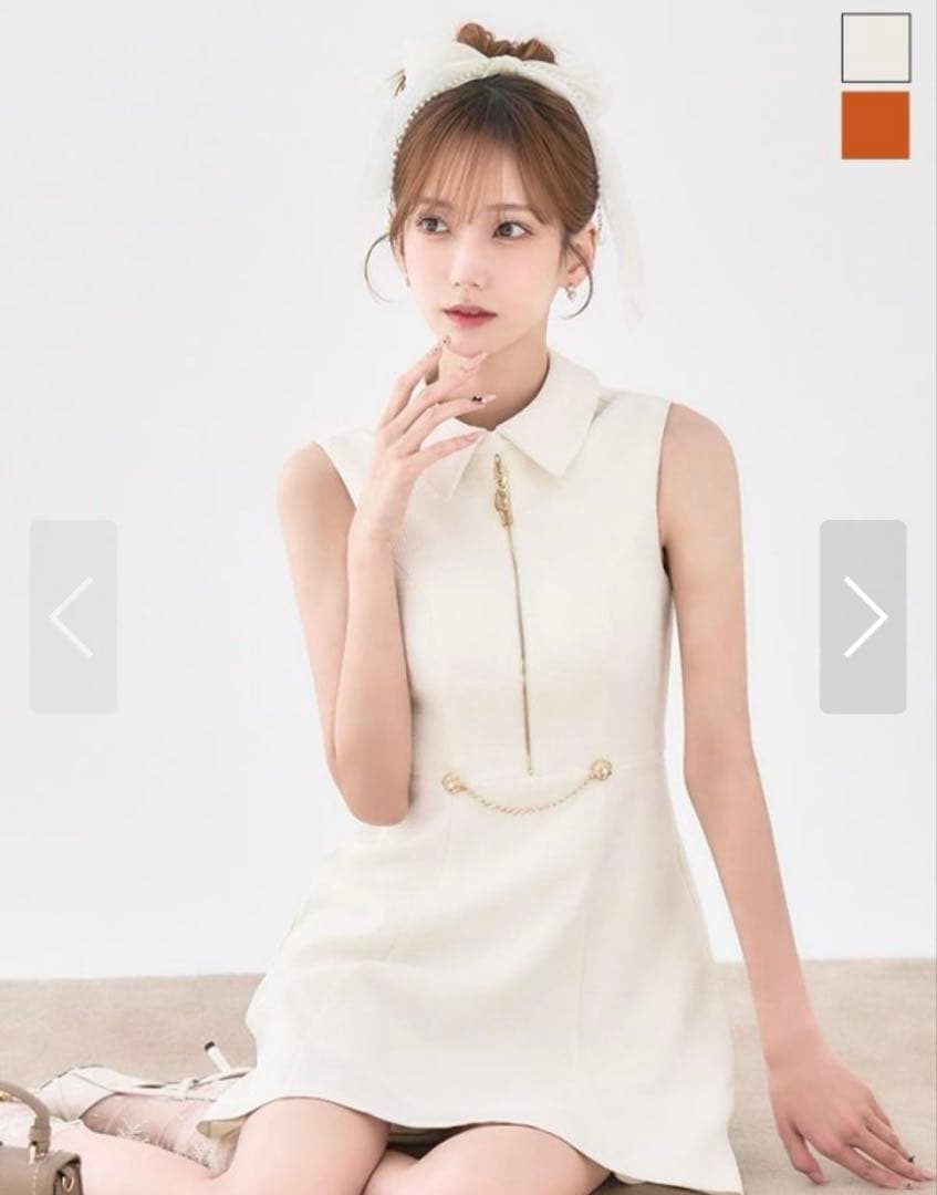 襟付きフロントジップフレアーワンピースドレス/キャバドレス