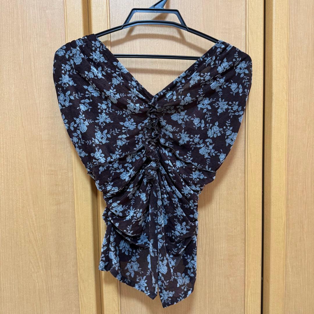 トップス FETICO ROSE VELVET TULLE SHIRRING TOP