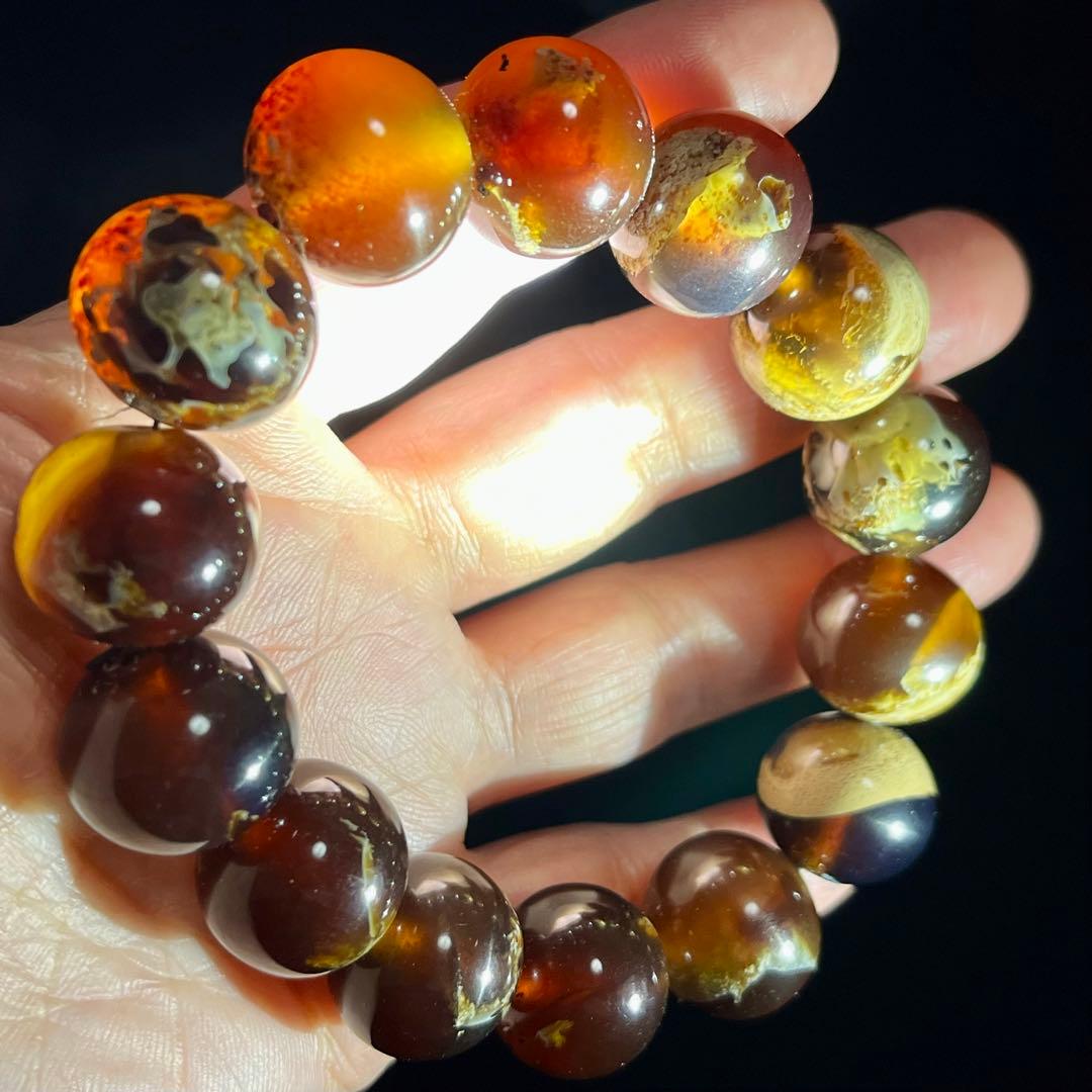 高品質 琥珀 17mmブルー レッド アンバー ブレスレット 守護石 化石