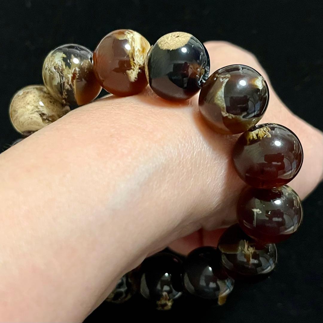 高品質 琥珀 17mmブルー レッド アンバー ブレスレット 守護石 化石