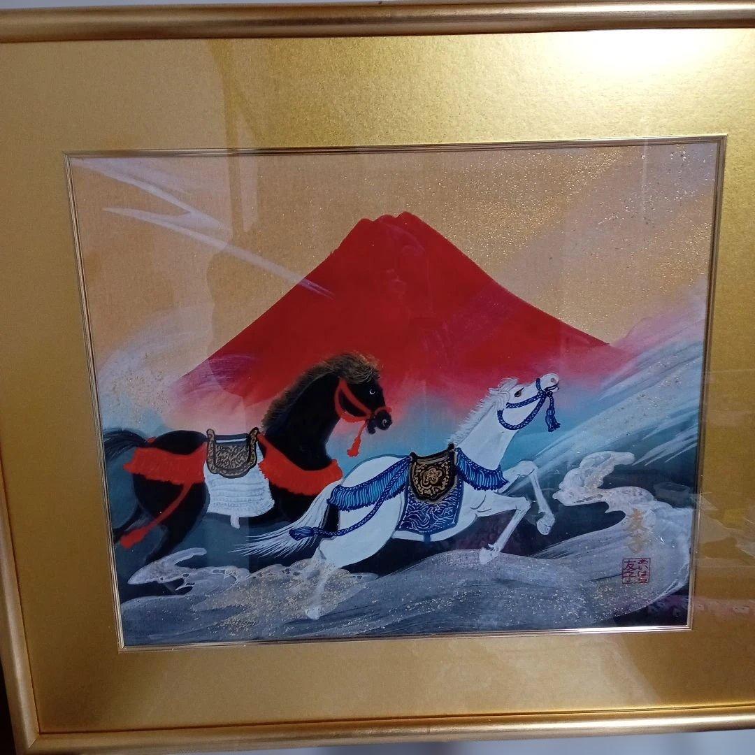 【午年生まれ必見！飛躍の年にしましょう！】赤富士と二頭の神馬 （相原友子肉筆画）