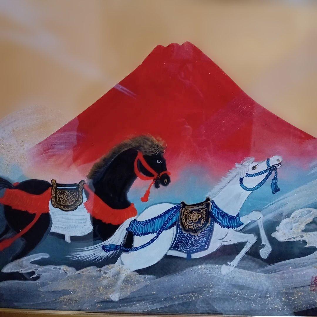 【午年生まれ必見！飛躍の年にしましょう！】赤富士と二頭の神馬 （相原友子肉筆画）