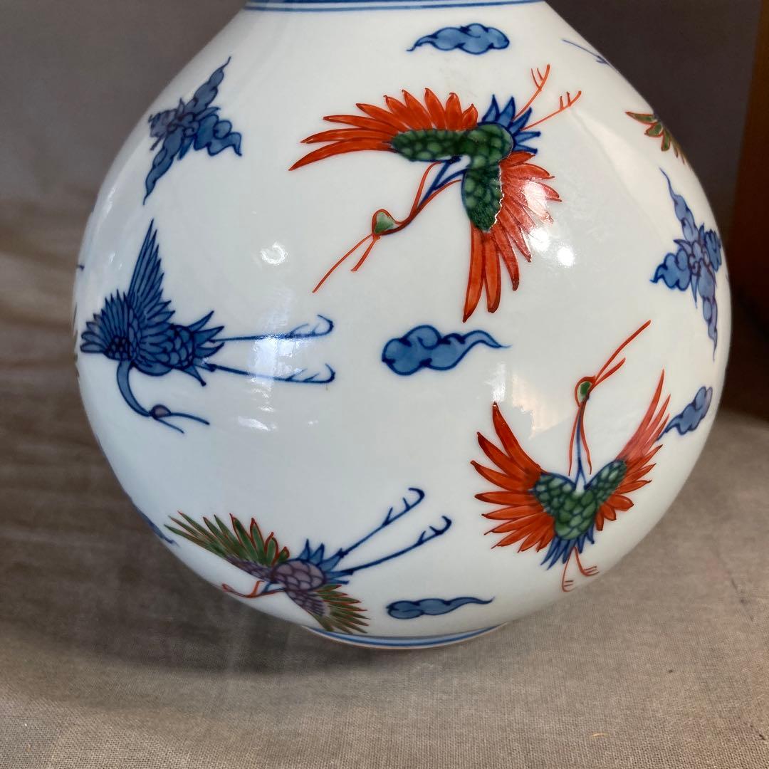 【源右衛門】古伊万里の伝統　日本の名窯　舘林源右衛門作　染錦舞鶴文　鶴首花瓶