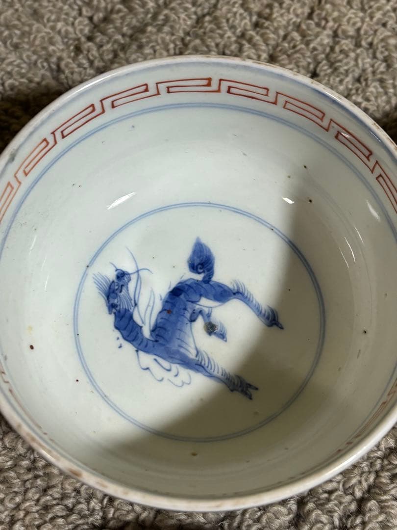 古伊万里色絵金彩蓋茶碗 江戸〜明治期 蓋付き御茶碗 麒麟 銘あり 染付 骨董品