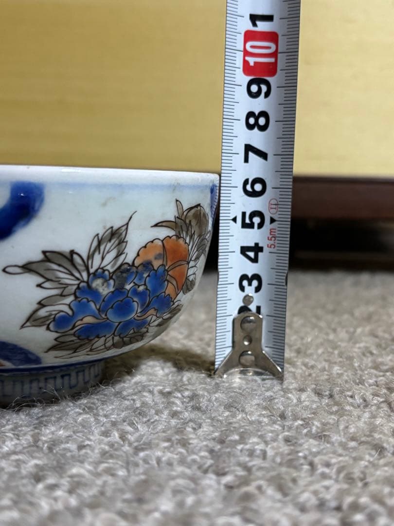 古伊万里色絵金彩蓋茶碗 江戸〜明治期 蓋付き御茶碗 麒麟 銘あり 染付 骨董品